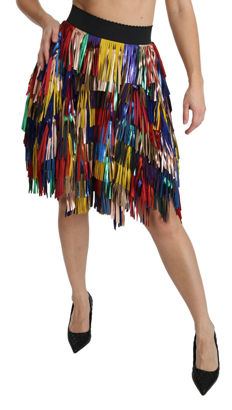 Red Yellow High Waist Knee Length Leather Skirt