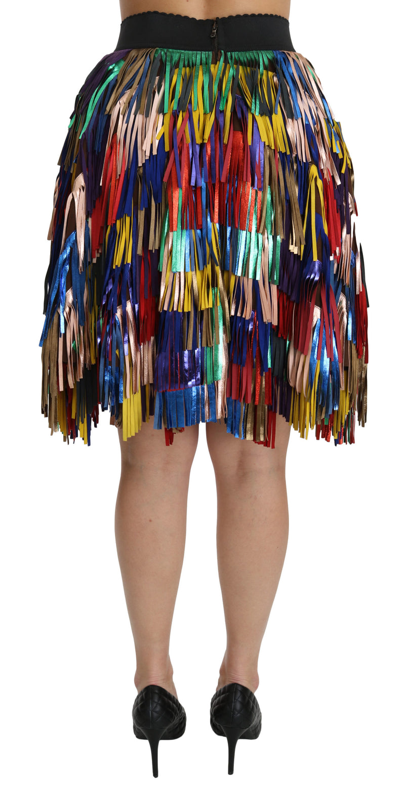 Red Yellow High Waist Knee Length Leather Skirt