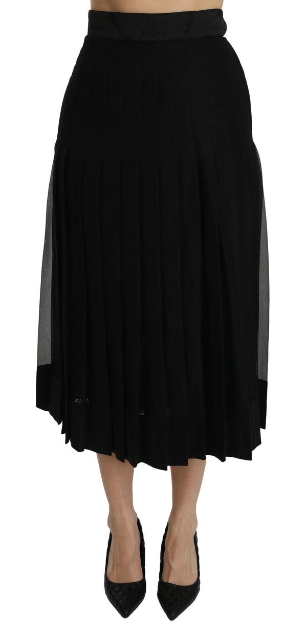 Black Silk Blend Pleated High Waist Midi Skirt
