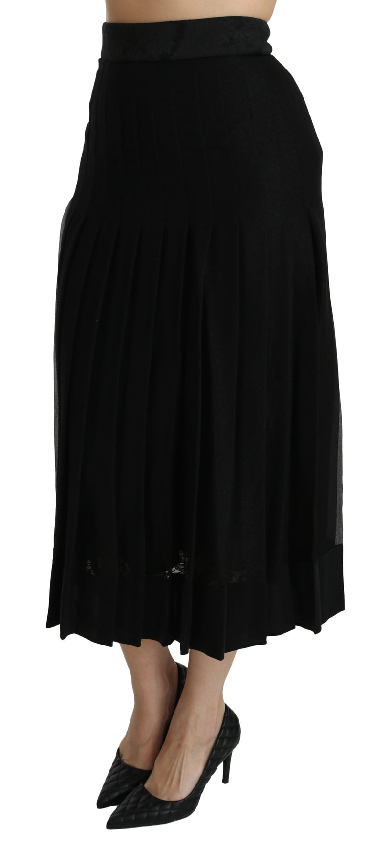 Black Silk Blend Pleated High Waist Midi Skirt