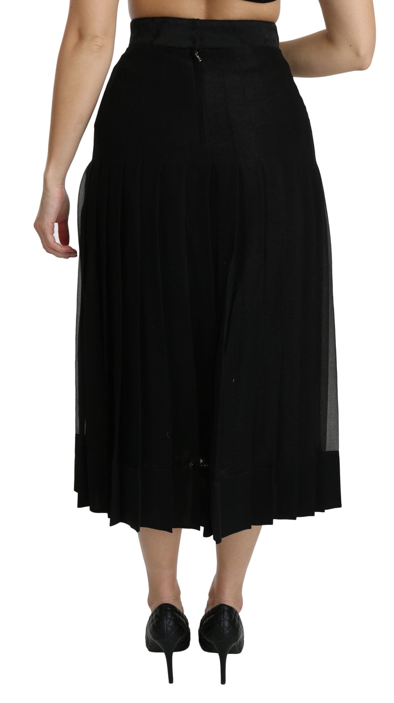 Black Silk Blend Pleated High Waist Midi Skirt