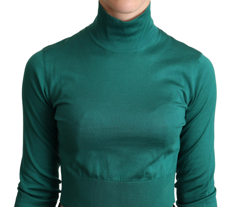 Green Silk Turtle Neck Crop Pullover Sweater