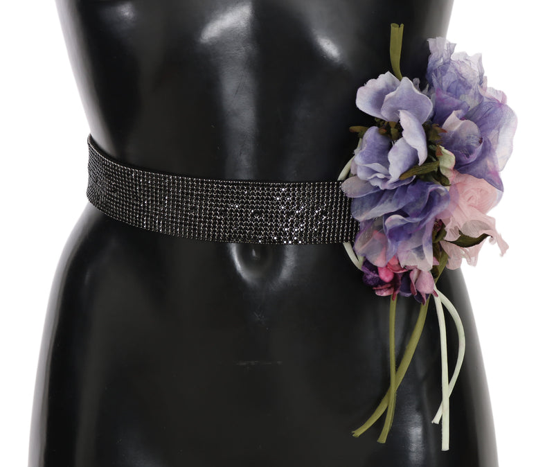 Belt Black Crystal Brass Flower Wide Waist