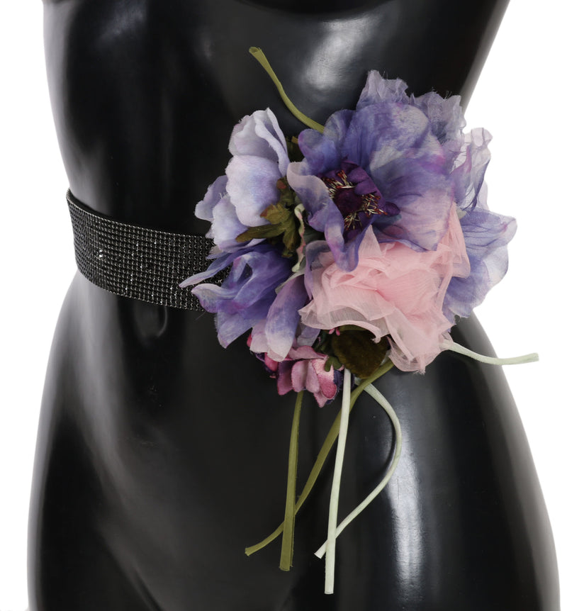 Belt Black Crystal Brass Flower Wide Waist