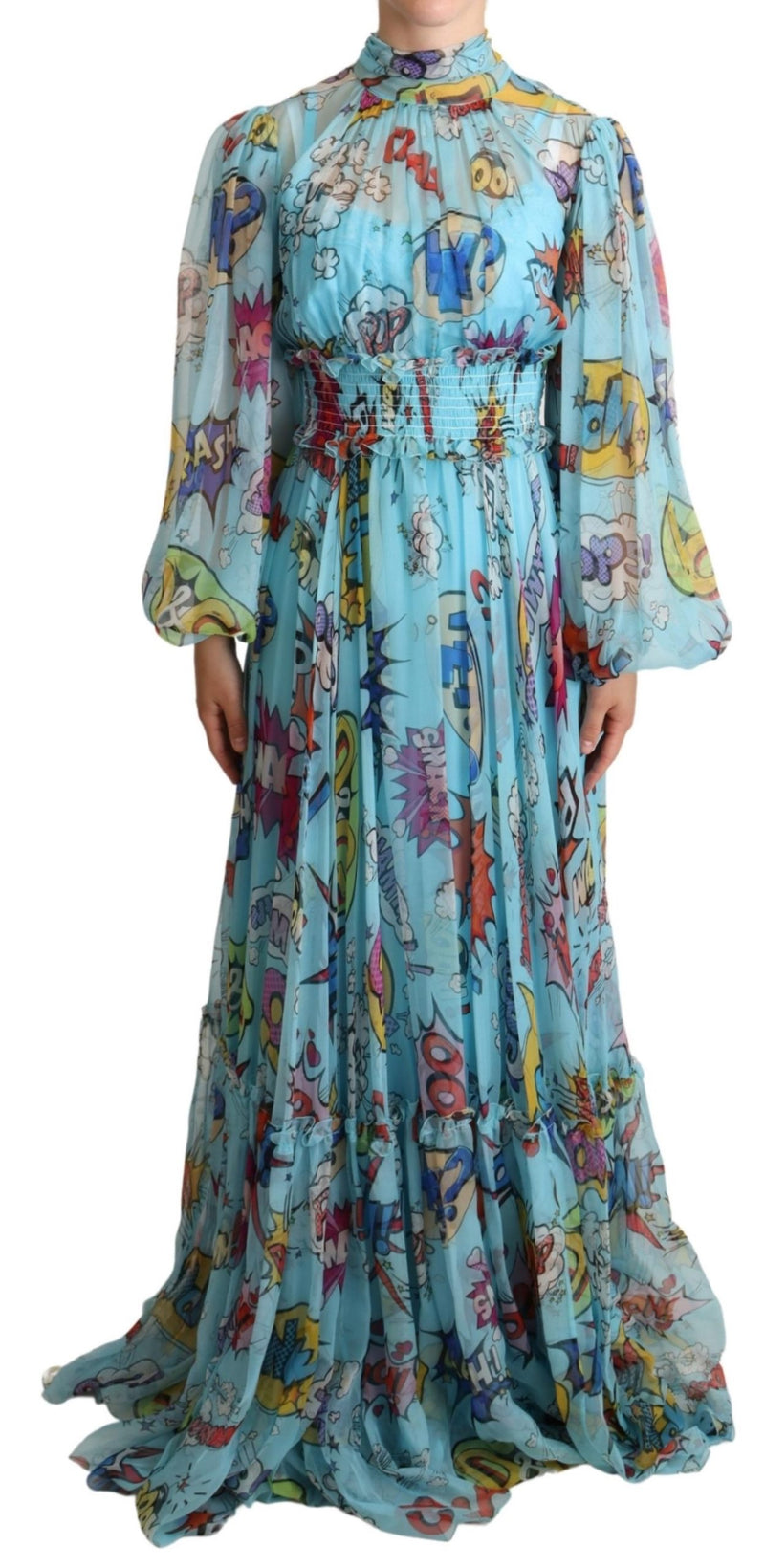 Blue Cartoon Print Pleated Silk Maxi Dress