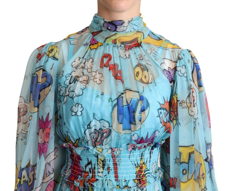 Blue Cartoon Print Pleated Silk Maxi Dress