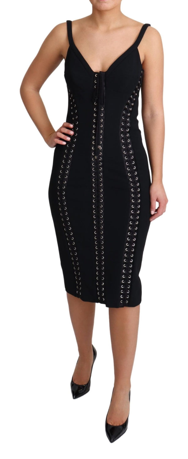 Black Slip Woven Applique Bodycon Viscose Dress