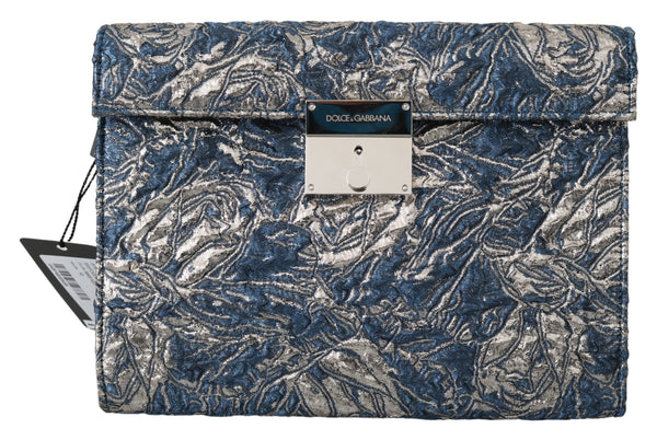 Blue Silver Jacquard Leather Document Briefcase Bag