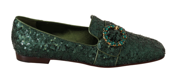 Green Sequined Crystal Flat Loafers Shoes