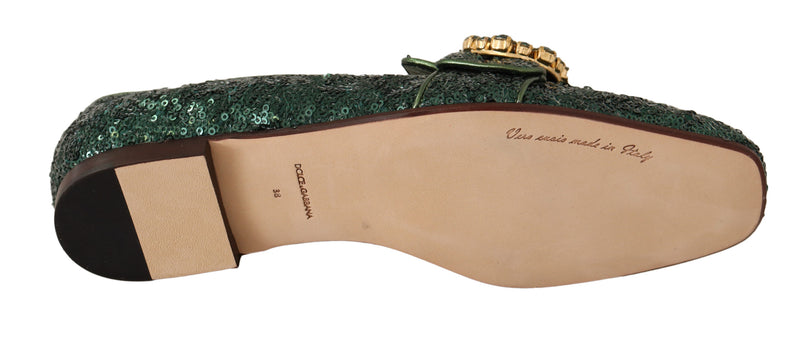 Green Sequined Crystal Flat Loafers Shoes