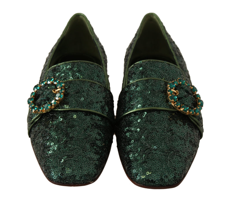Green Sequined Crystal Flat Loafers Shoes