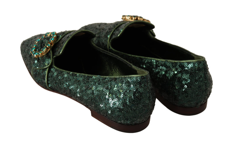 Green Sequined Crystal Flat Loafers Shoes