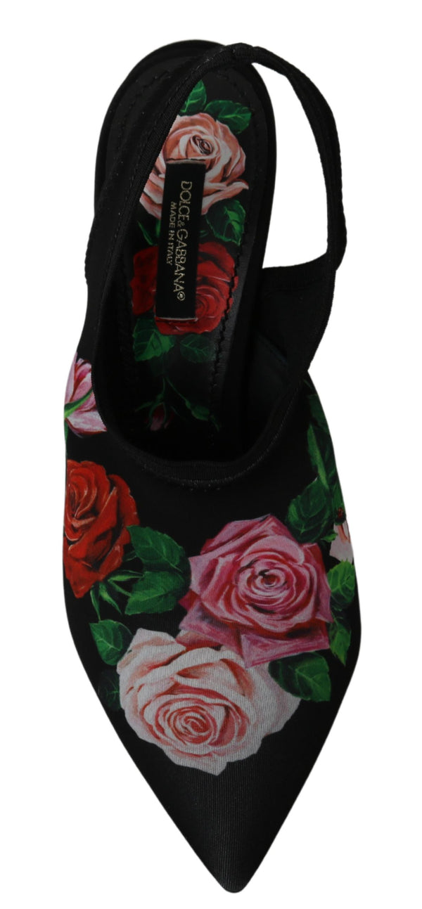 Black Roses Stretch Slingback Pumps Shoes