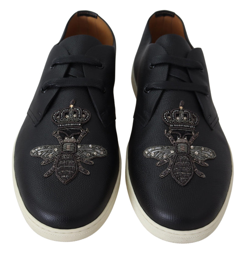 Black Leather Bee Crown Loafers Sneakers Shoes