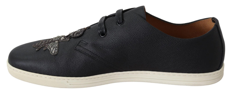 Black Leather Bee Crown Loafers Sneakers Shoes