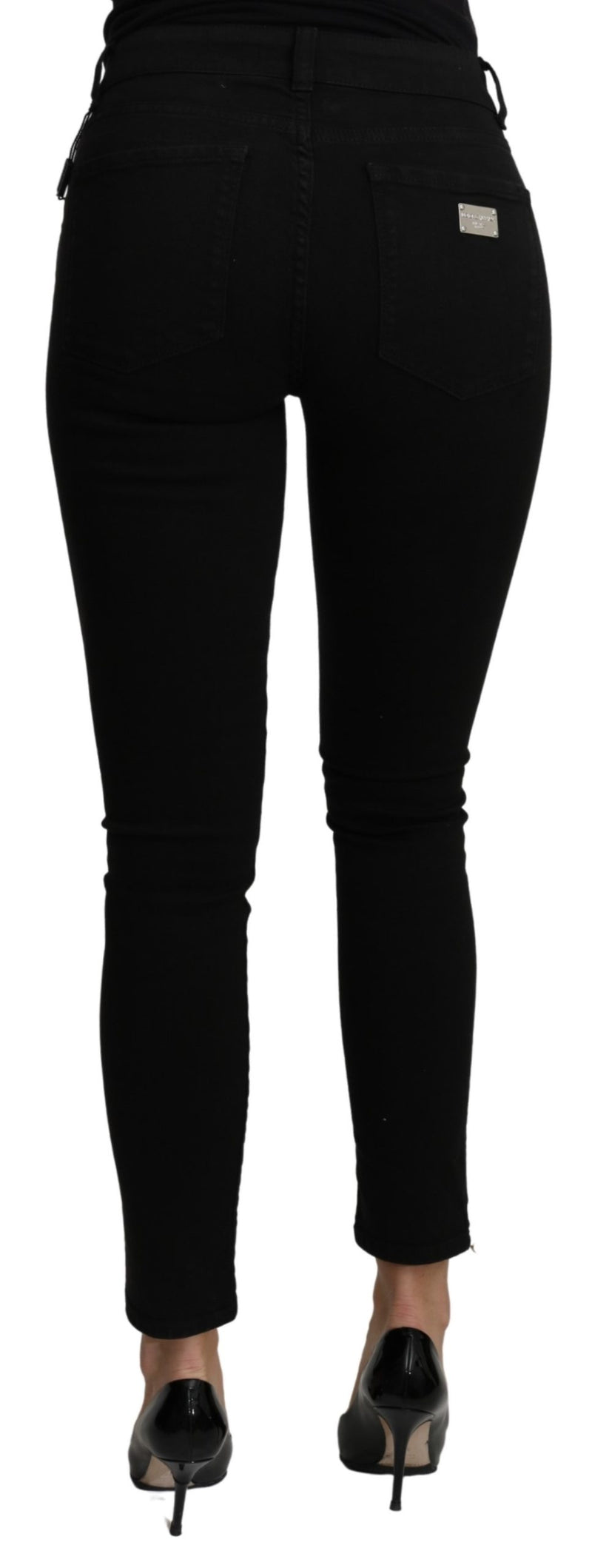 Black Mid Waist Slim Fit Cropped Cotton Jeans