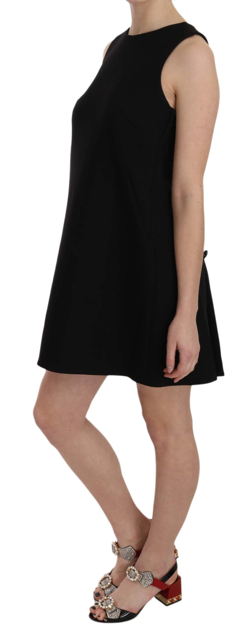 Black Wool Crystal Button Shift Dress