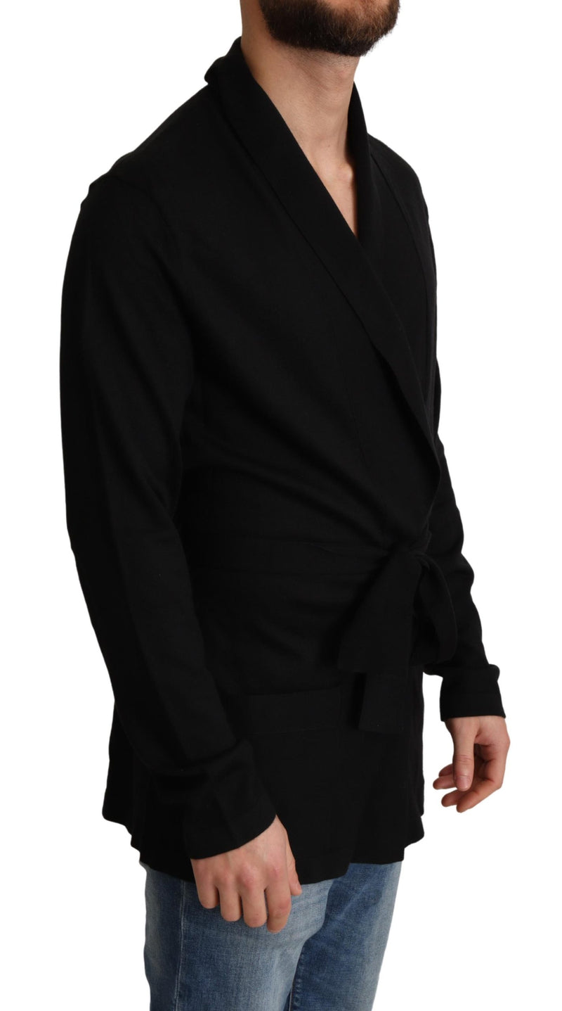 Black Cashmere Belted Knit Cardigan Sweater