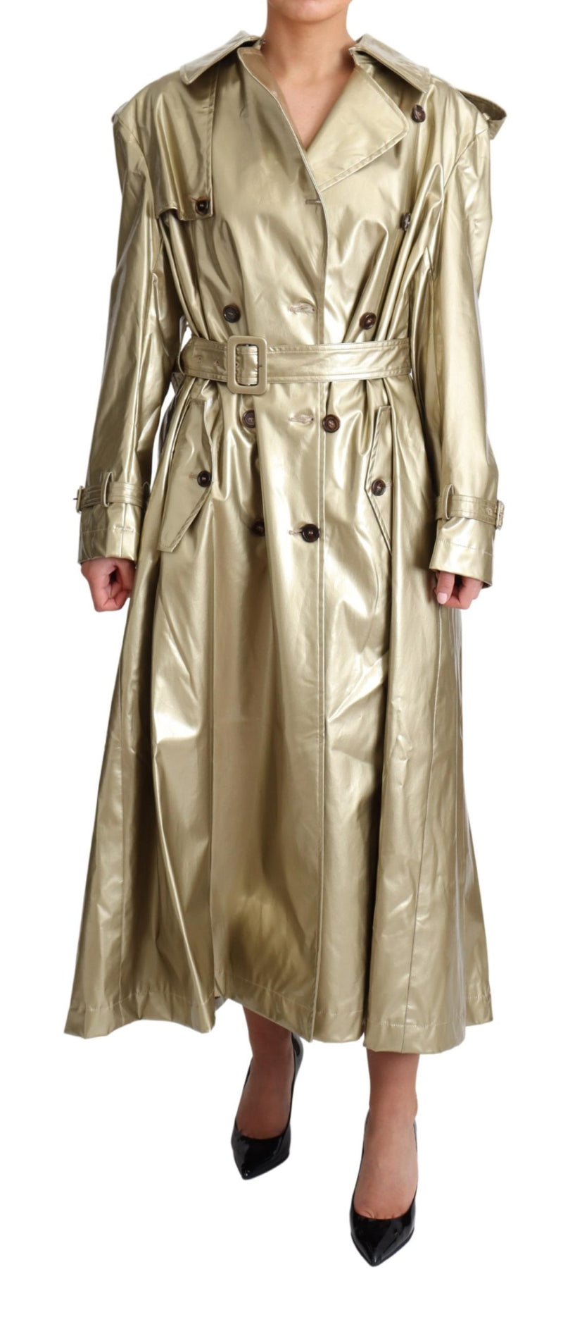 Gold Viscose Stretch Belted Trench Coat Jacket