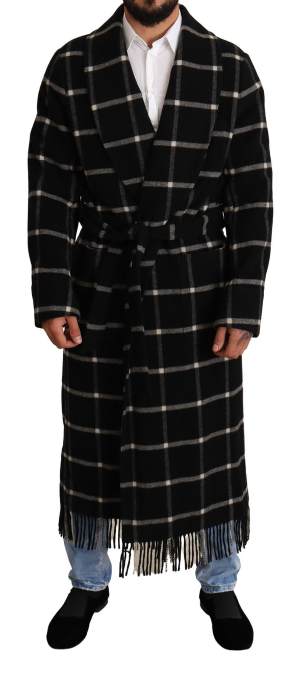 Black Plaid Wool Long Coat Robe Jacket