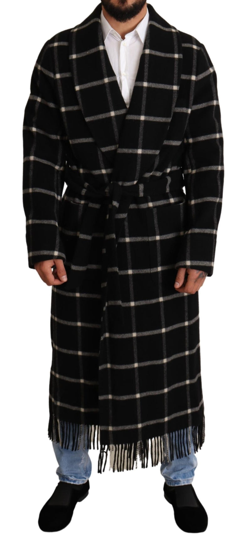 Black Plaid Wool Long Coat Robe Jacket
