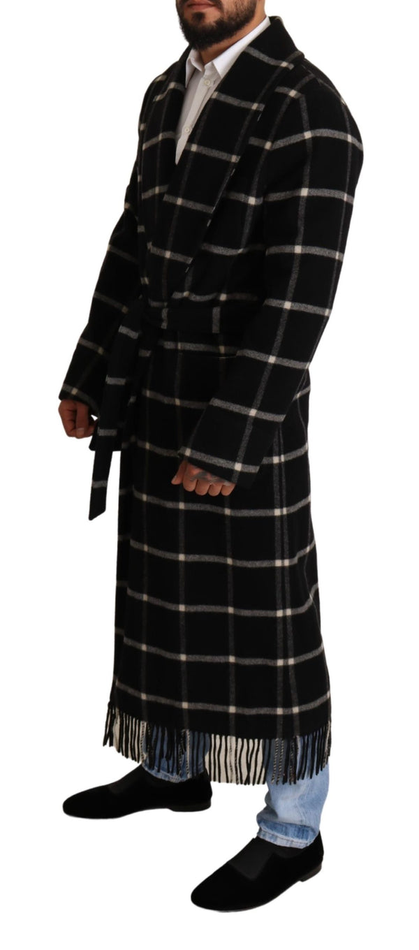 Black Plaid Wool Long Coat Robe Jacket
