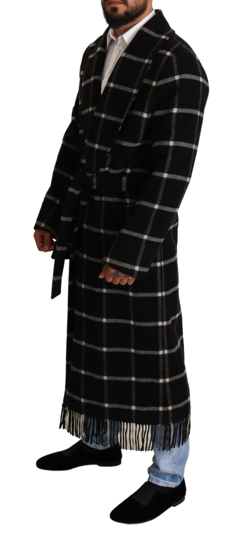 Black Plaid Wool Long Coat Robe Jacket