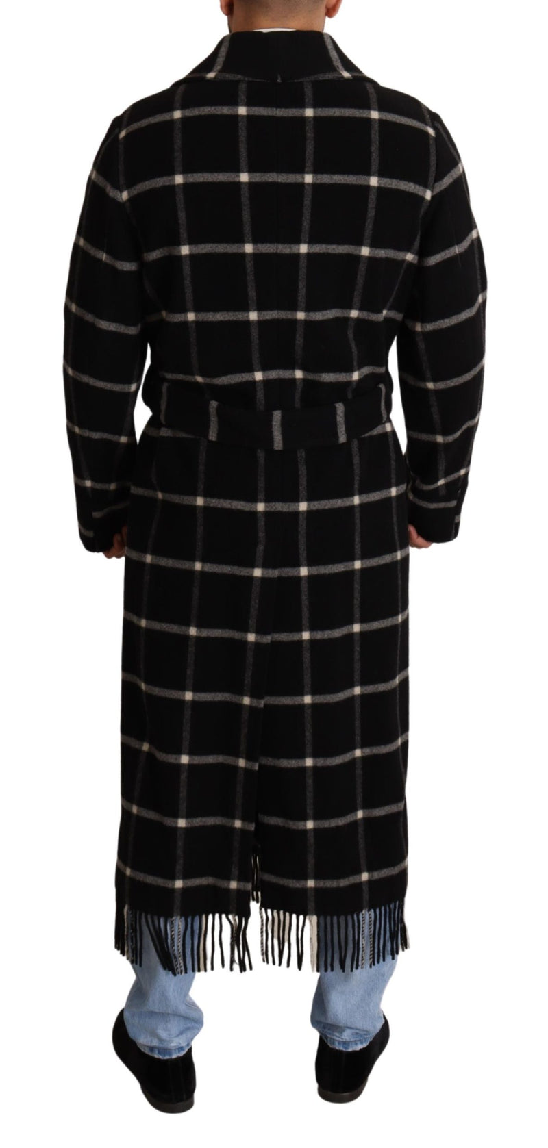 Black Plaid Wool Long Coat Robe Jacket