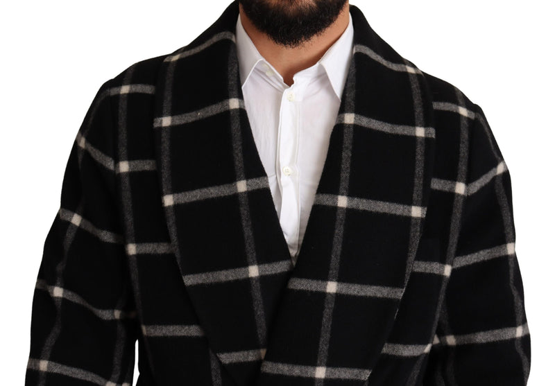 Black Plaid Wool Long Coat Robe Jacket