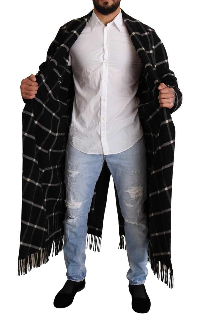 Black Plaid Wool Long Coat Robe Jacket