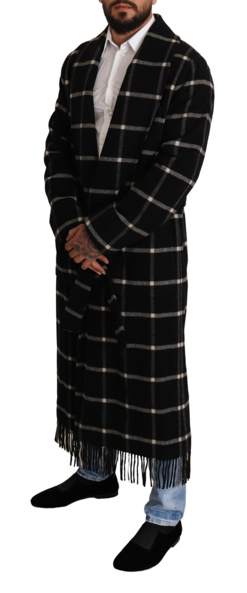 Black Plaid Wool Long Coat Robe Jacket