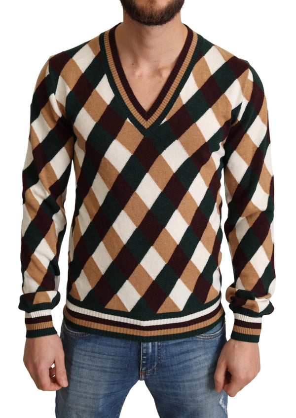 Multicolor V-Neck Knit Check Pullover Sweater