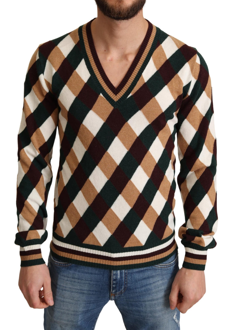 Multicolor V-Neck Knit Check Pullover Sweater