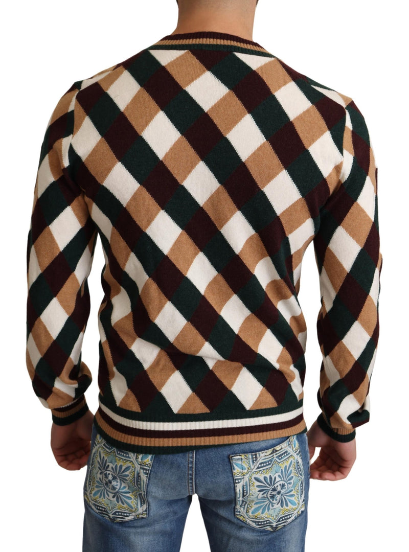 Multicolor V-Neck Knit Check Pullover Sweater