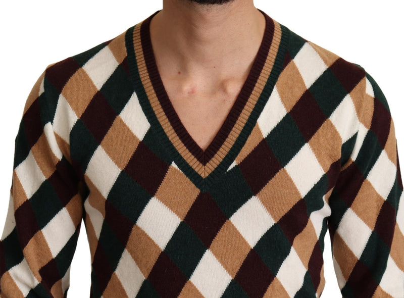 Multicolor V-Neck Knit Check Pullover Sweater