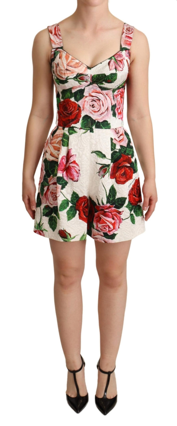 White Rose Print Brocade Jumpsuit Dress