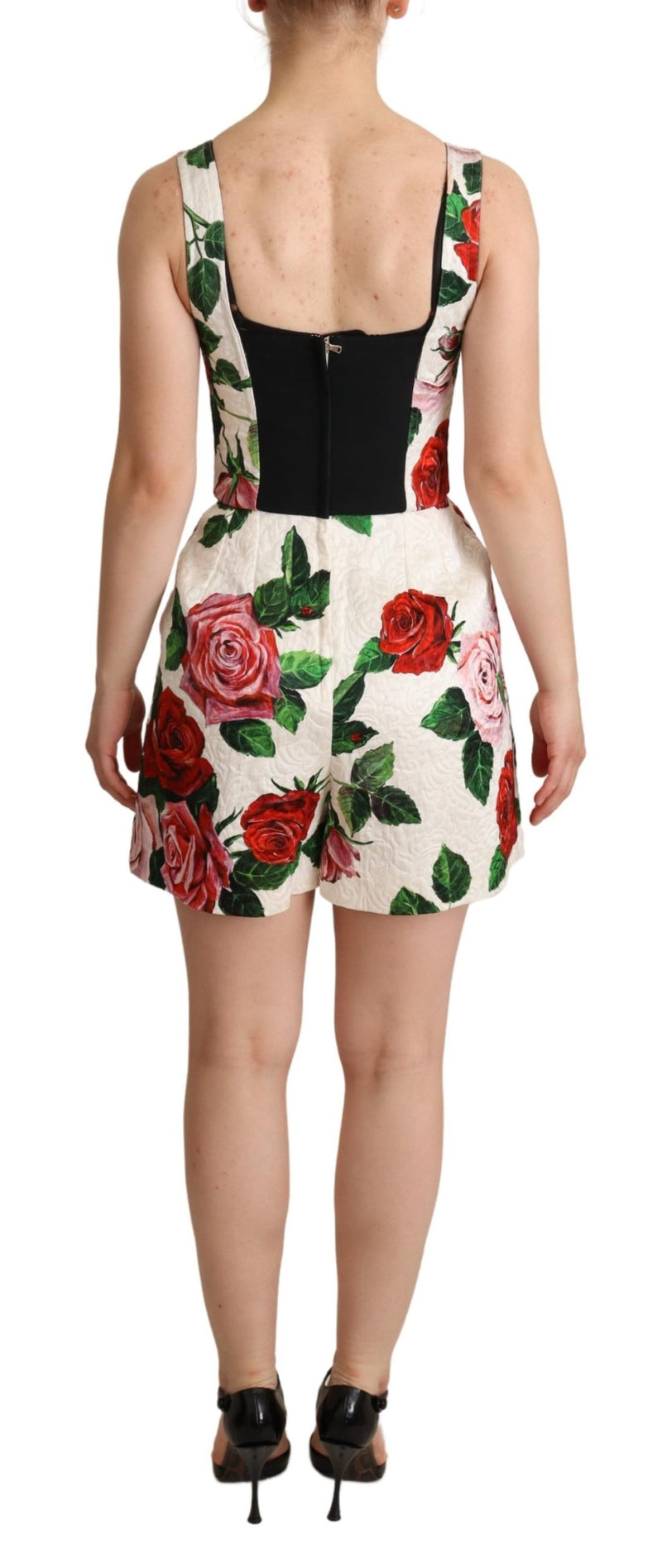 White Rose Print Brocade Jumpsuit Dress