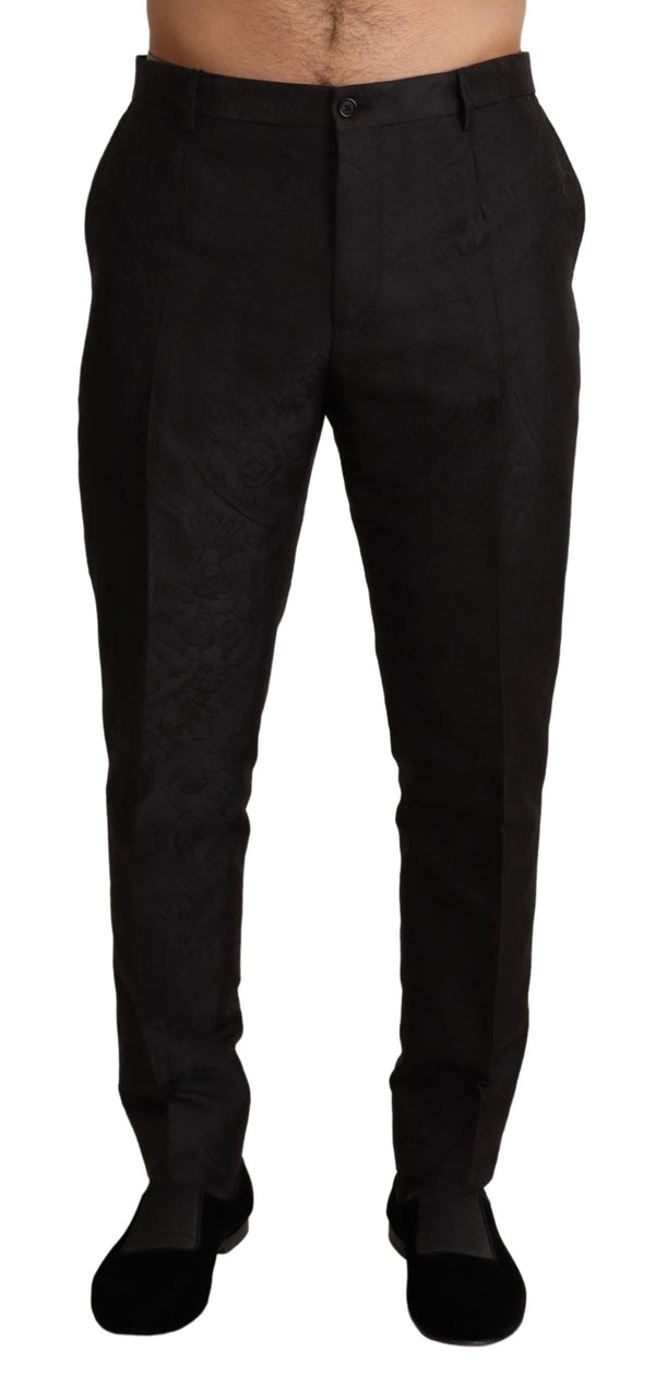 Black Floral Brocade Slim Trouser Pants
