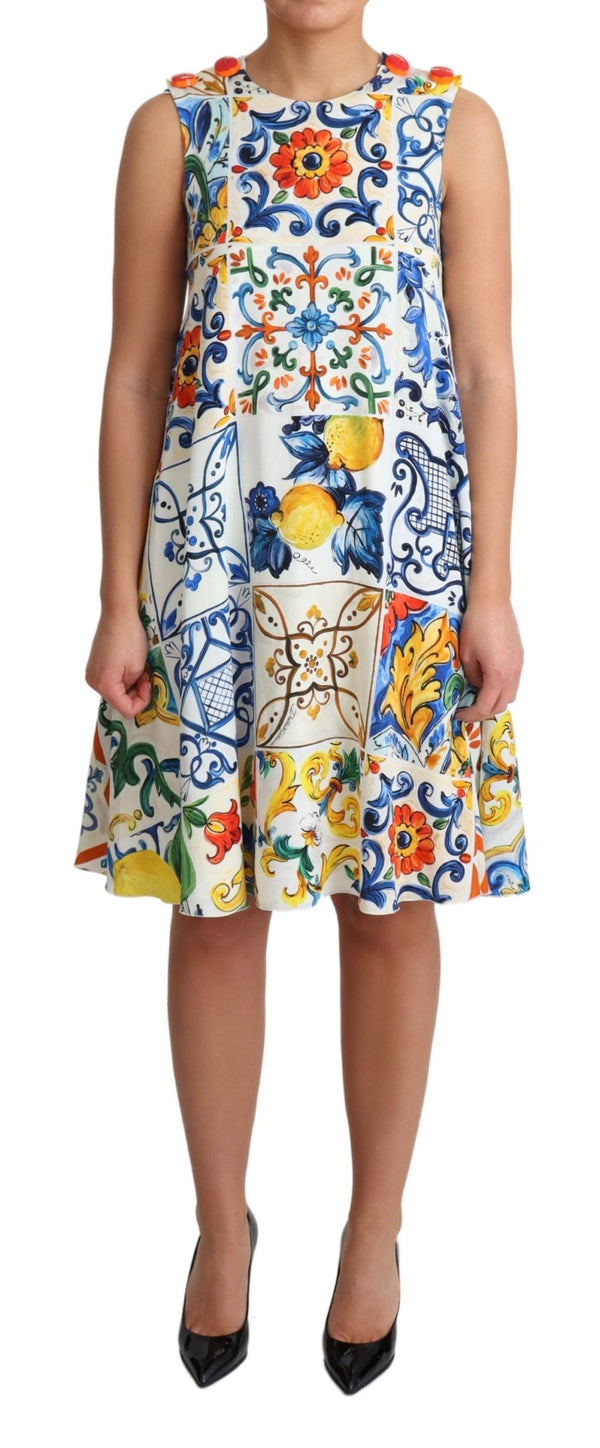 White Majolica Print Shift A-line Silk Dress