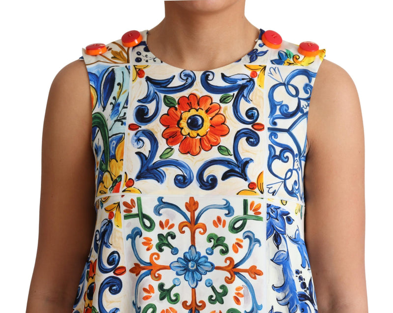 White Majolica Print Shift A-line Silk Dress
