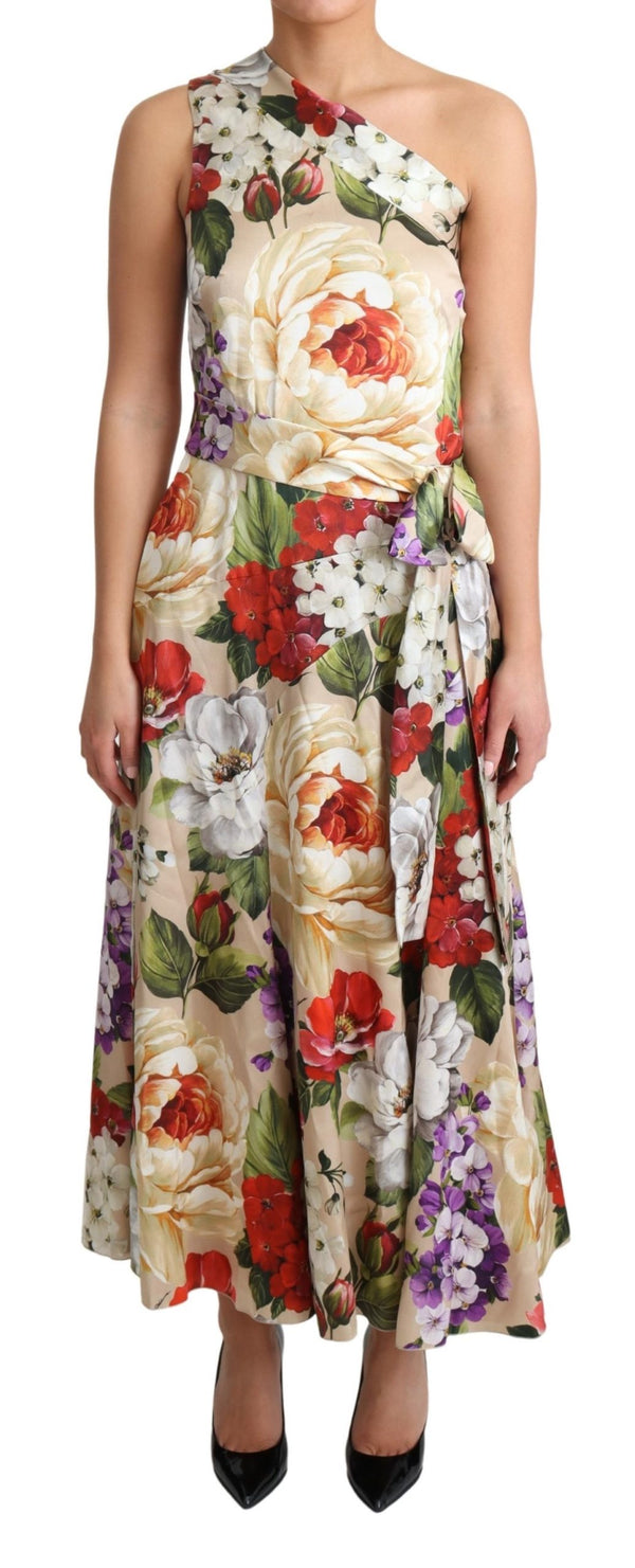 Print Silk Stretch One Shoulder Floral Dress