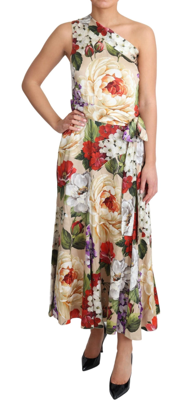 Print Silk Stretch One Shoulder Floral Dress