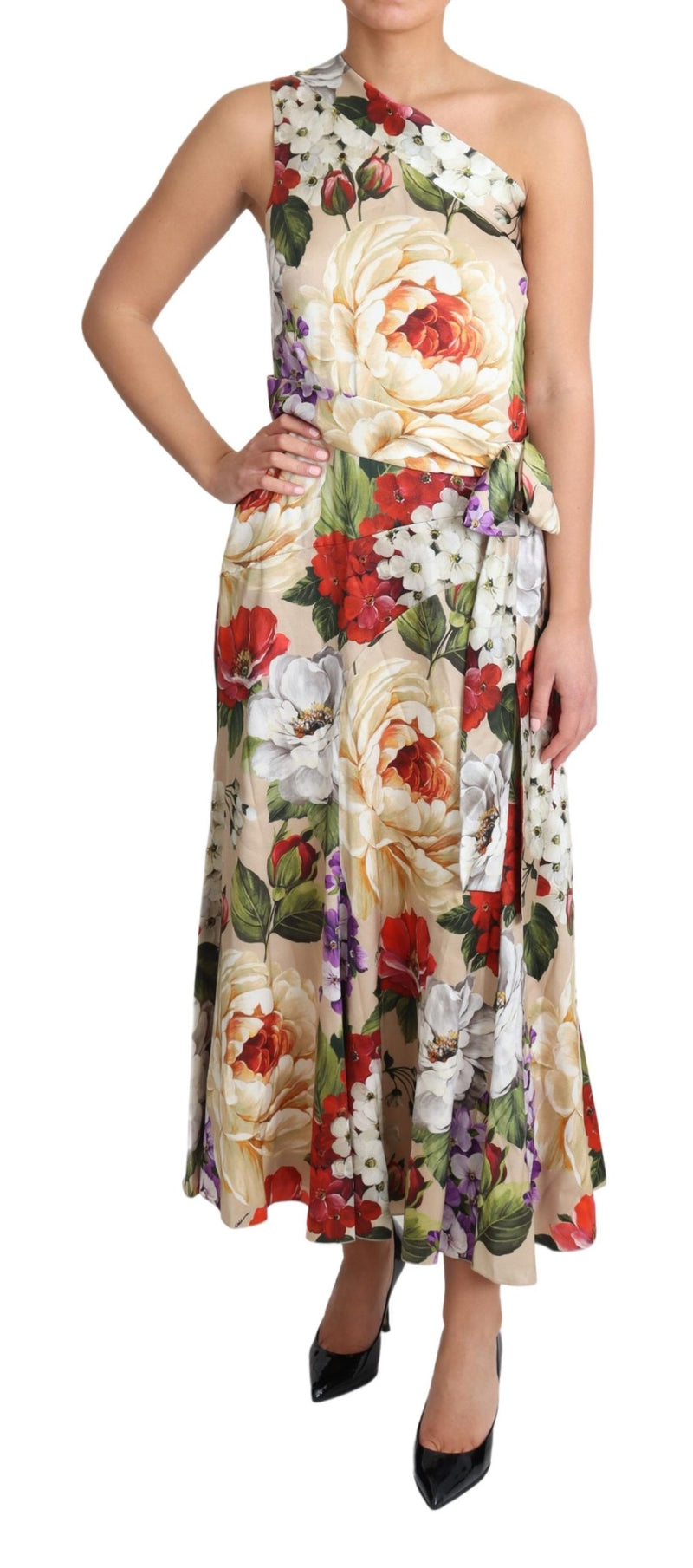 Print Silk Stretch One Shoulder Floral Dress