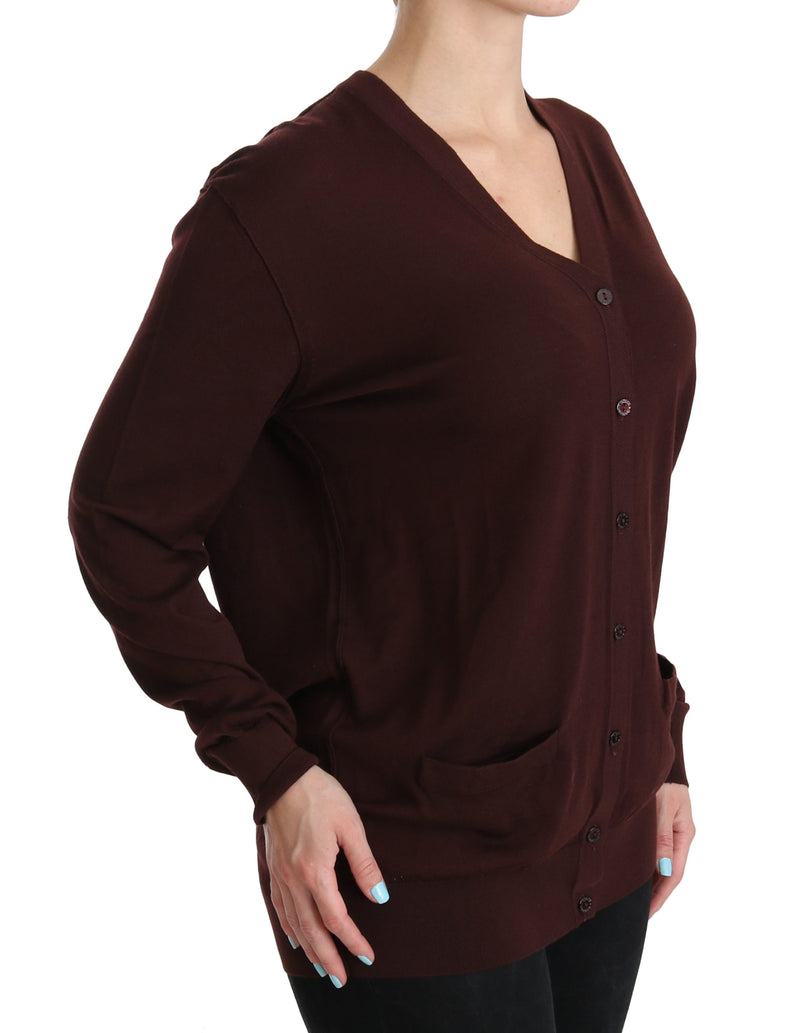 Maroon V-neck Cardigan Top Virgin Wool Sweater