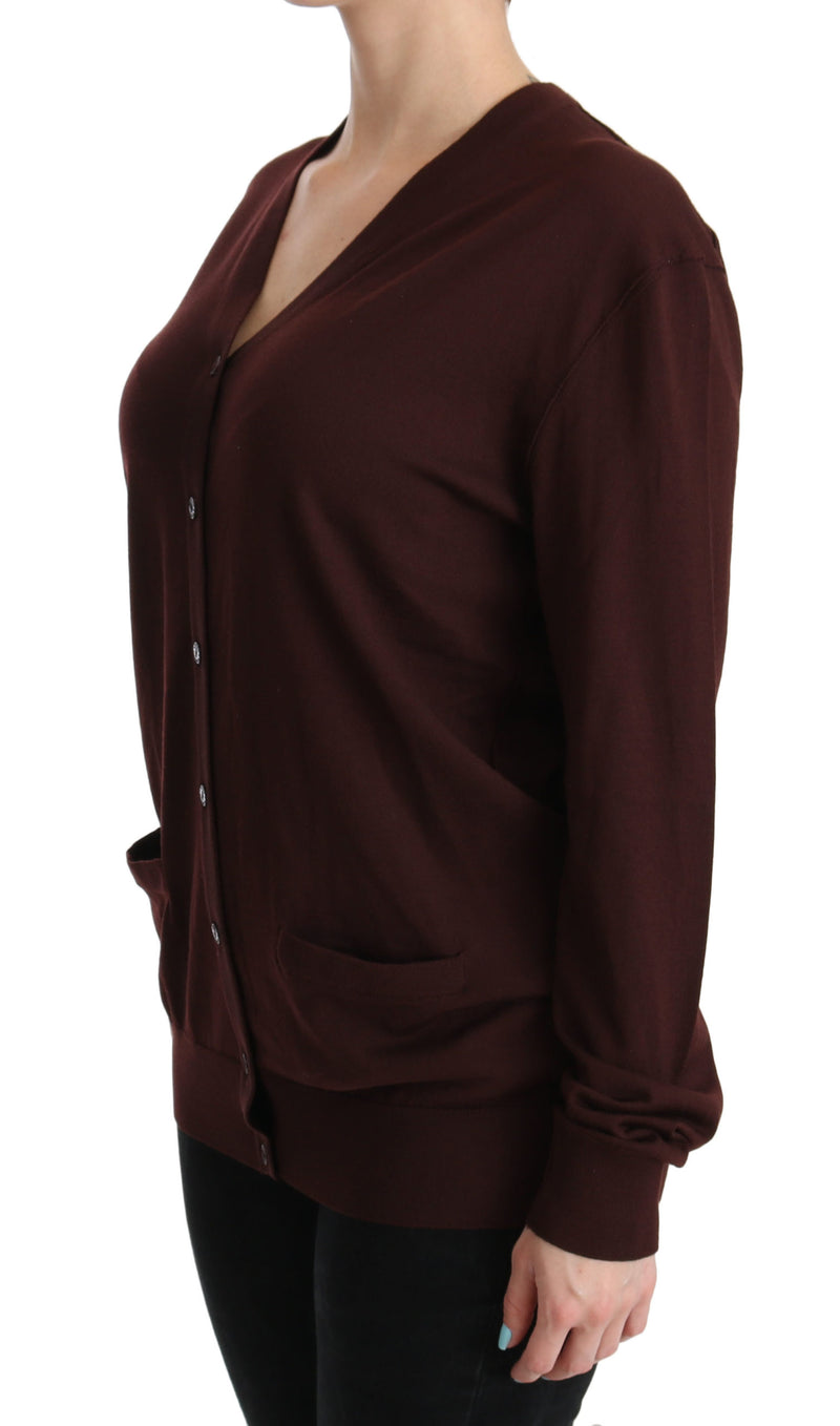 Maroon V-neck Cardigan Top Virgin Wool Sweater