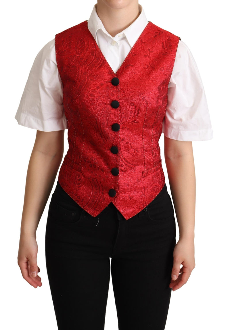 Red Brocade Leopard Print Waistcoat Vest