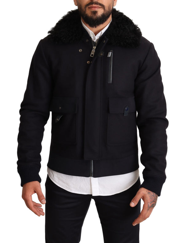 Blue Wool Pilot Black Shearling Jacket