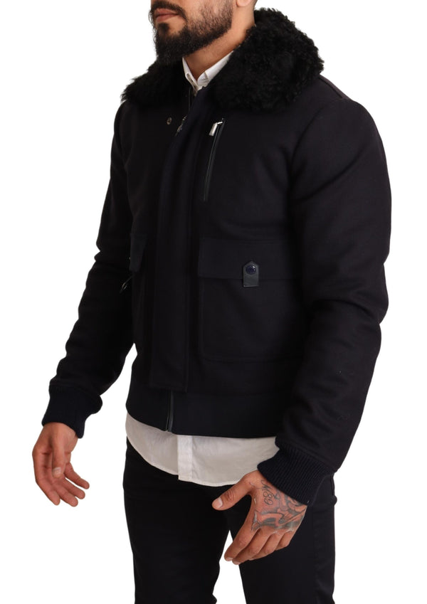 Blue Wool Pilot Black Shearling Jacket