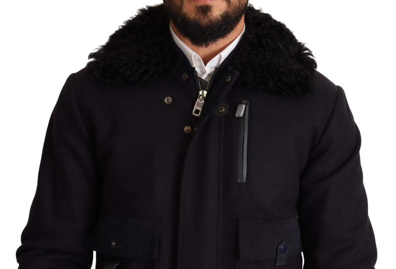 Blue Wool Pilot Black Shearling Jacket