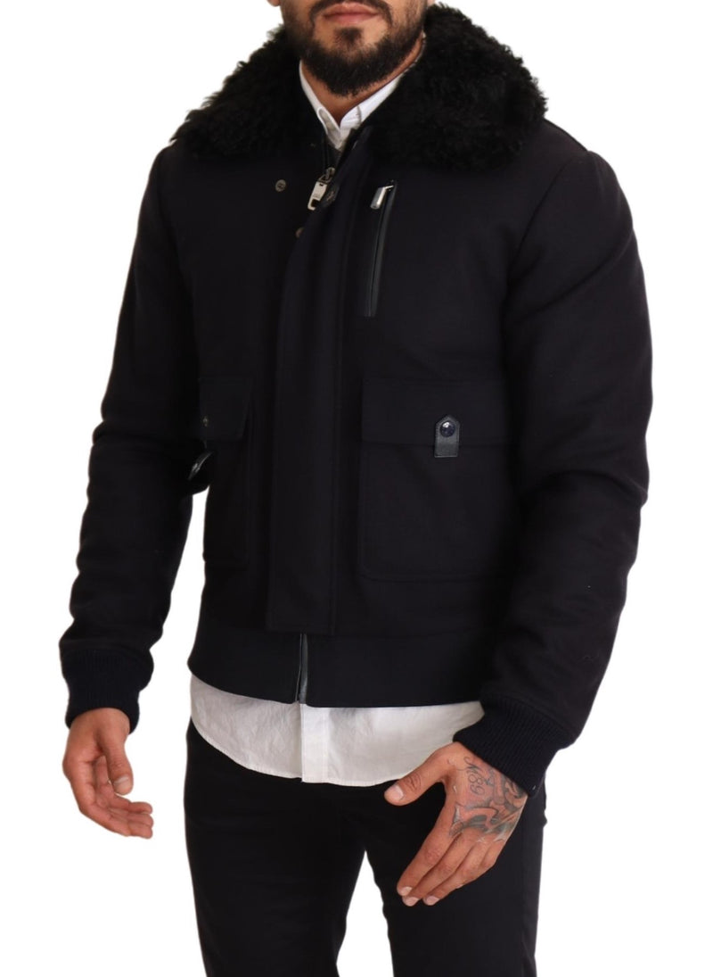 Blue Wool Pilot Black Shearling Jacket